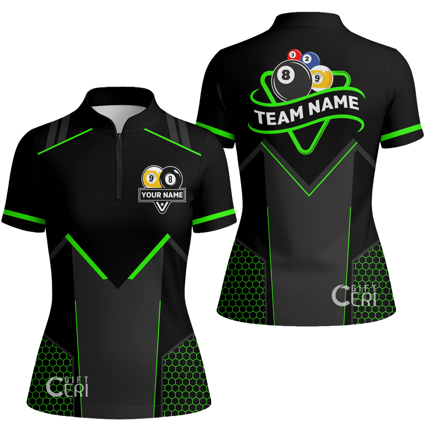 Customized Billiards Stand Collar Quarter Zip Short Sleeve Women's Shirt, Billiards Esports 9 Ball 8 Ball Jersey
