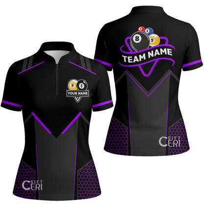 Customized Billiards Stand Collar Quarter Zip Short Sleeve Women's Shirt, Billiards Esports 9 Ball 8 Ball Jersey