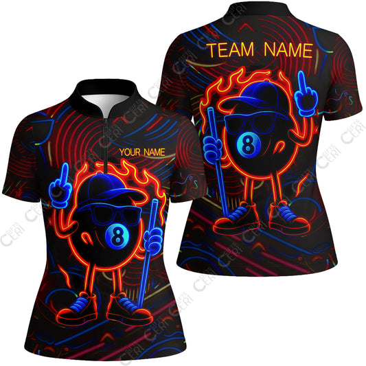 Customized 8 Ball Pool Stand Collar Quarter Zip Short Sleeve Women's Shirt, 8-Ball Billiard Neon Cartoon Flaming, Billiard Jerseys