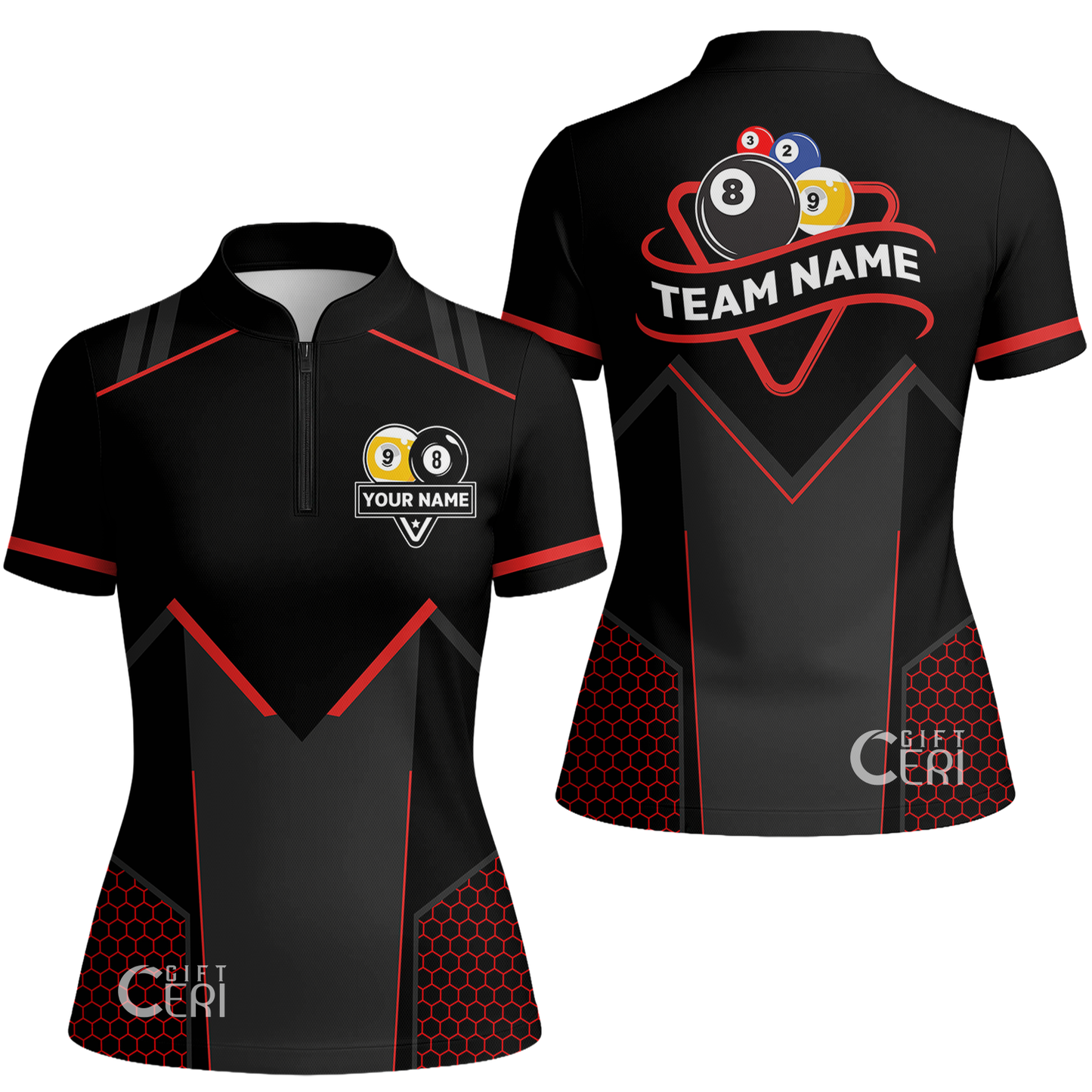 Customized Billiards Stand Collar Quarter Zip Short Sleeve Women's Shirt, Billiards Esports 9 Ball 8 Ball Jersey