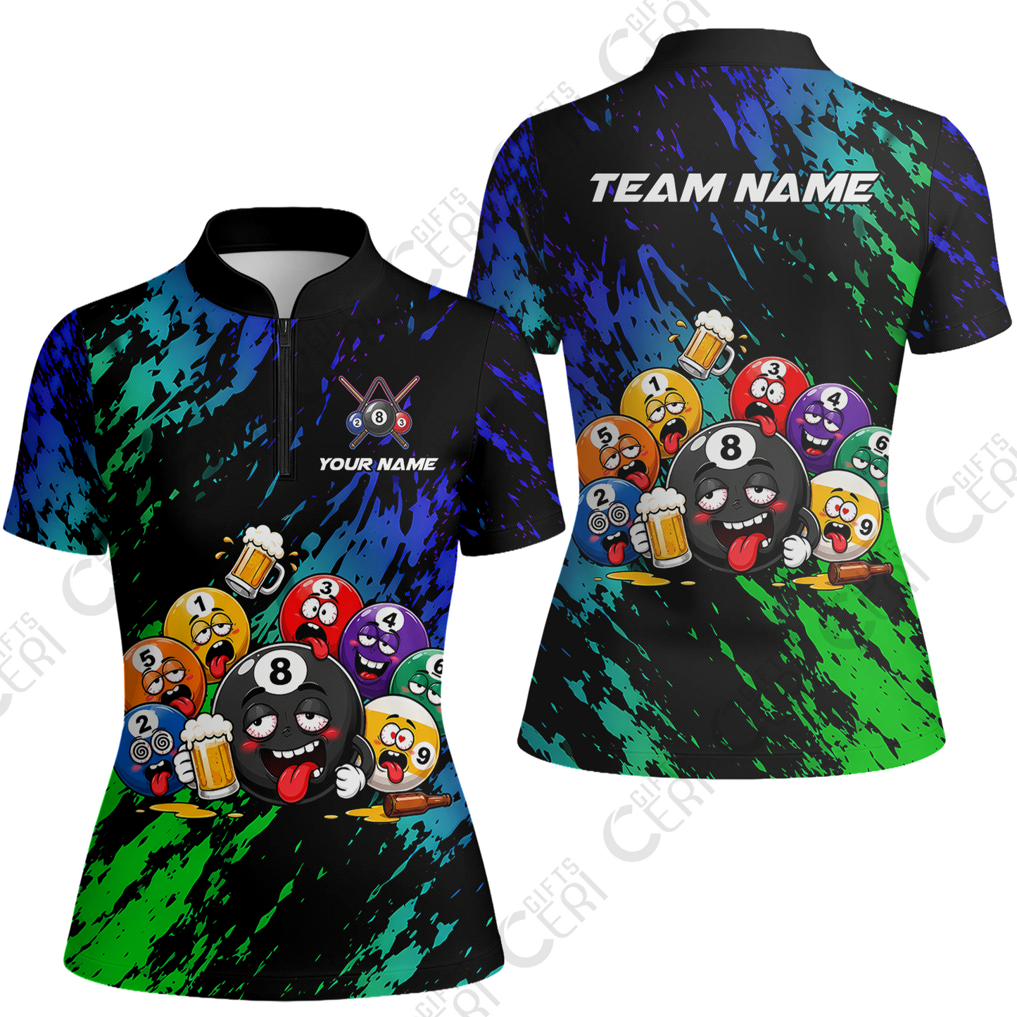 Customized 8 And 9 Ball Pool Stand Collar Quarter Zip Short Sleeve Women Drunk 8 Ball Holding Beer Billiard Jerseys Custom Name And Team Name