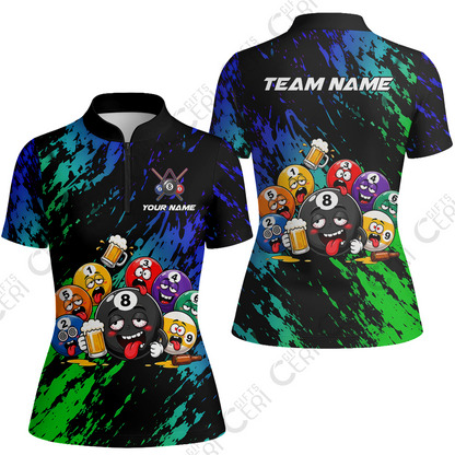 Customized 8 And 9 Ball Pool Stand Collar Quarter Zip Short Sleeve Women Drunk 8 Ball Holding Beer Billiard Jerseys Custom Name And Team Name