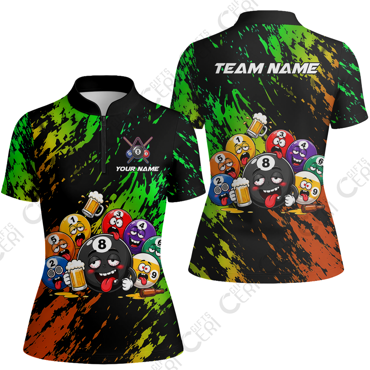 Customized 8 And 9 Ball Pool Stand Collar Quarter Zip Short Sleeve Women Drunk 8 Ball Holding Beer Billiard Jerseys Custom Name And Team Name