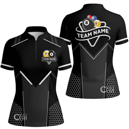 Customized Billiards Stand Collar Quarter Zip Short Sleeve Women's Shirt, Billiards Esports 9 Ball 8 Ball Jersey