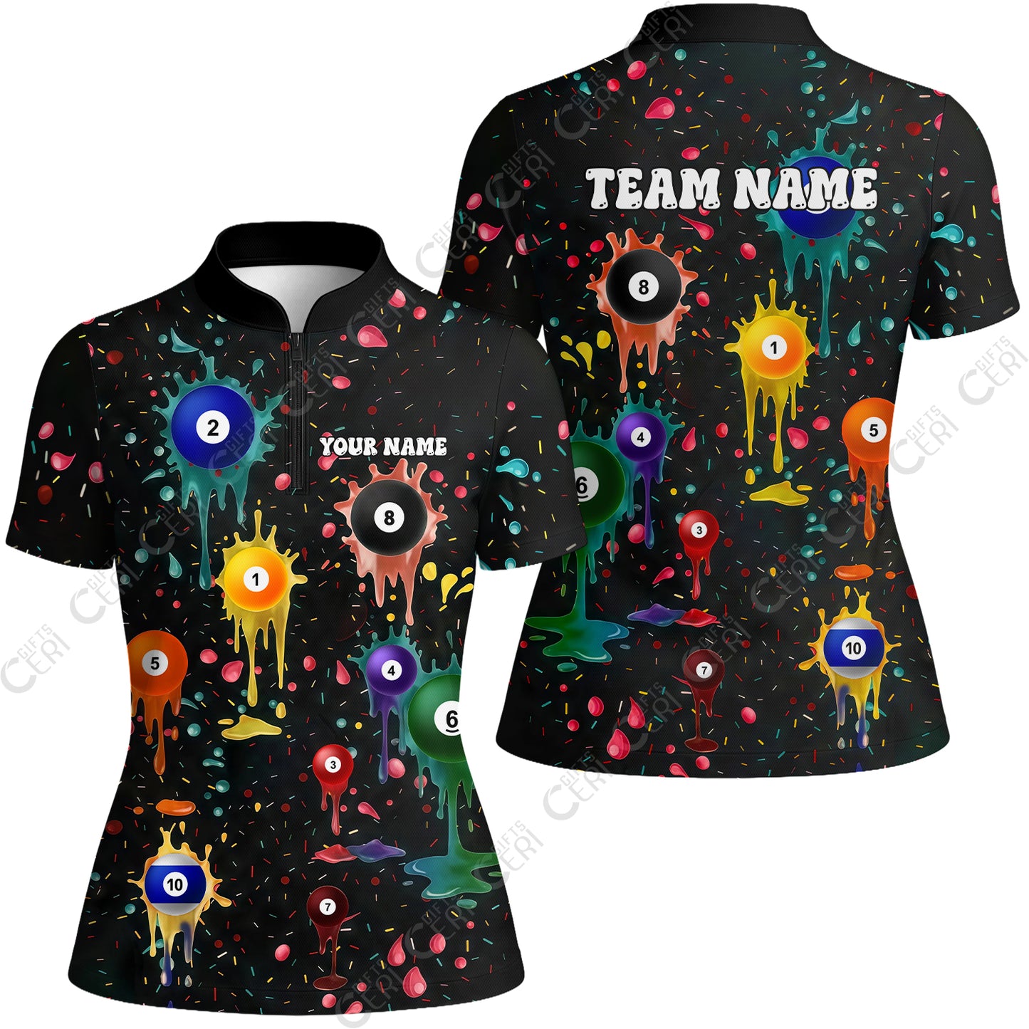 Customized 8 Ball Pool Stand Collar Quarter-Zip Short Sleeve Women's Shirt, Billiards 8-Ball Colorful Paint-Splash, Billiards Jerseys
