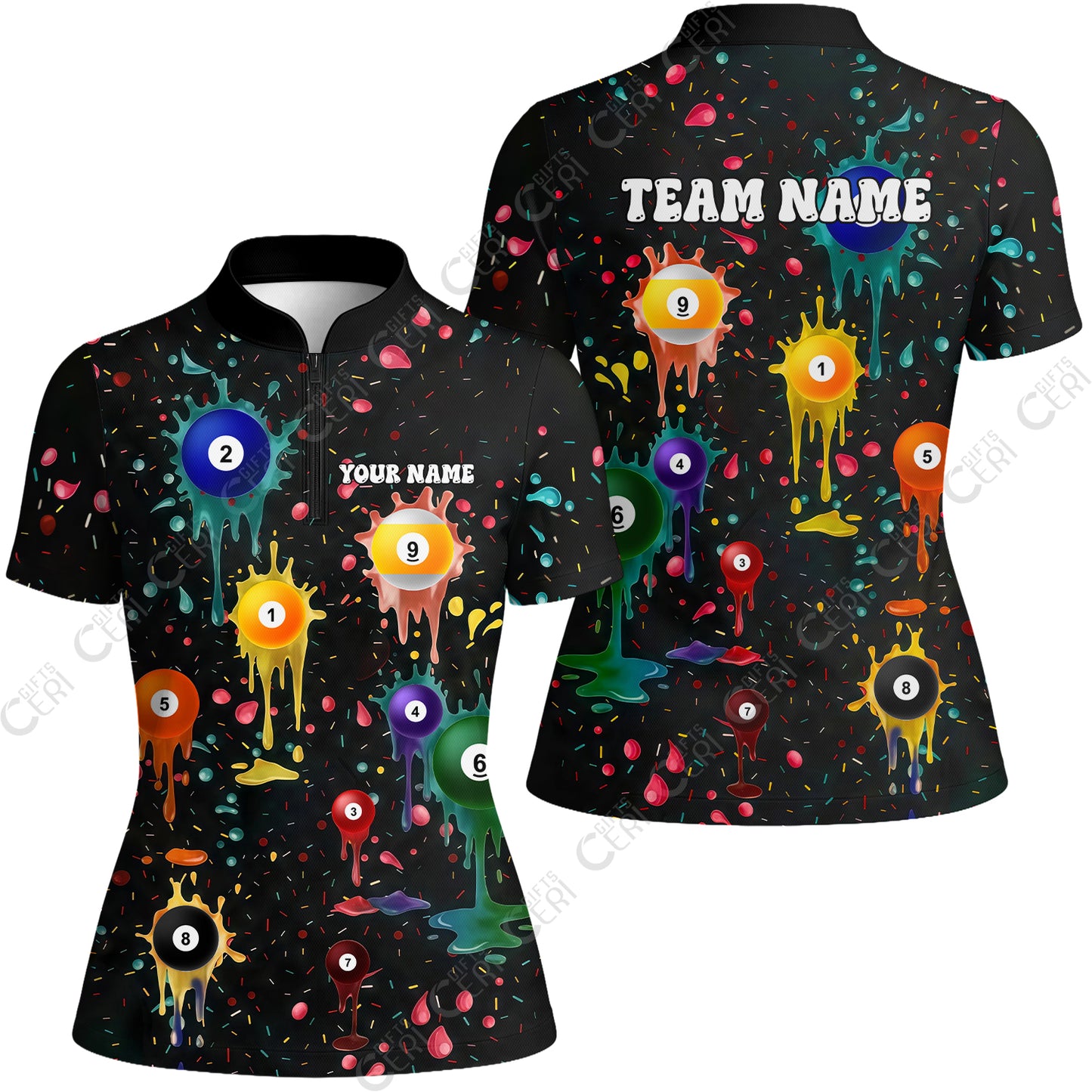 Customized 9 Ball Pool Stand Collar Quarter-Zip Short Sleeve Women's Shirt, Billiards 9-Ball Colorful Paint-Splash, Billiards Jerseys
