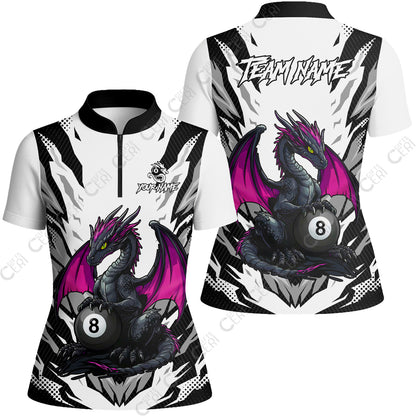 Customized Billiards Stand Collar Quarter Zip Short Sleeve Women's Shirt, Personalized Baby Dragon 8 Ball Jersey Gift For Billiard Players