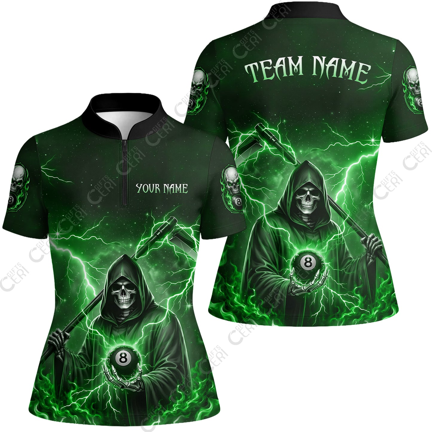 Customized 8 Ball Pool Stand Collar Quarter-Zip Short Sleeve Women's Shirt, Lightning And Flame Grim Reaper With 8 Ball, Personalized Billiards Jersey
