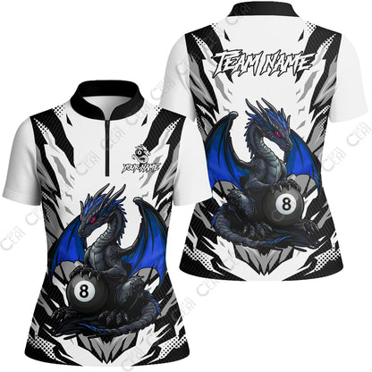 Customized Billiards Stand Collar Quarter Zip Short Sleeve Women's Shirt, Personalized Baby Dragon 8 Ball Jersey Gift For Billiard Players