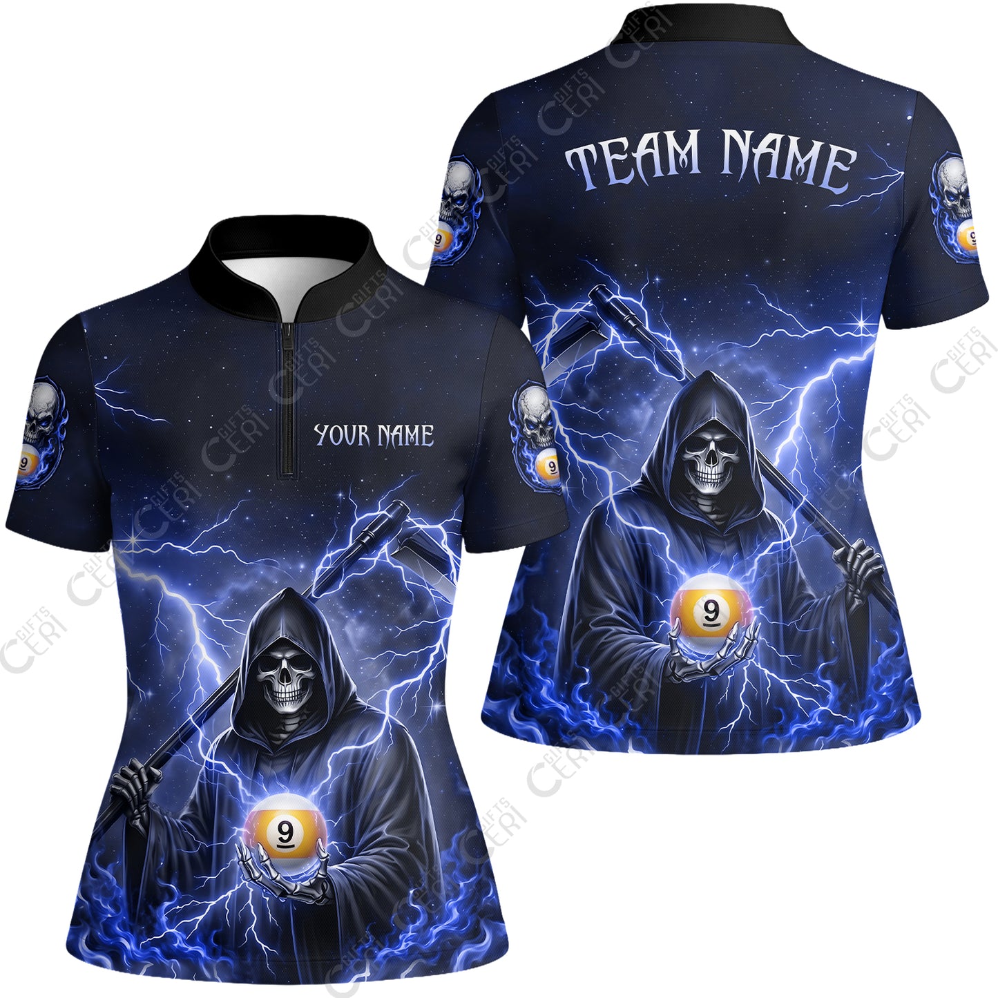 Customized 9 Ball Pool Stand Collar Quarter-Zip Short Sleeve Women's Shirt, Lightning And Flame Grim Reaper With 9 Ball, Personalized Billiards Jersey