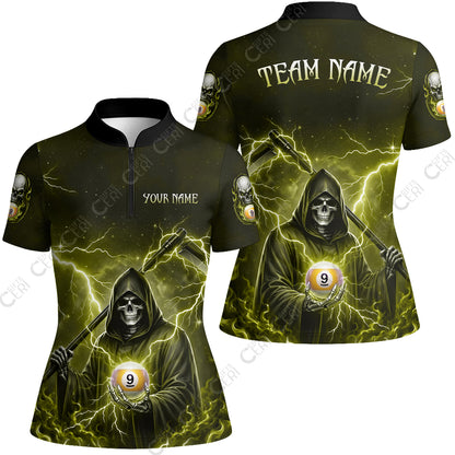 Customized 9 Ball Pool Stand Collar Quarter-Zip Short Sleeve Women's Shirt, Lightning And Flame Grim Reaper With 9 Ball, Personalized Billiards Jersey