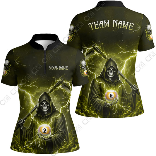 Customized 9 Ball Pool Stand Collar Quarter-Zip Short Sleeve Women's Shirt, Lightning And Flame Grim Reaper With 9 Ball, Personalized Billiards Jersey