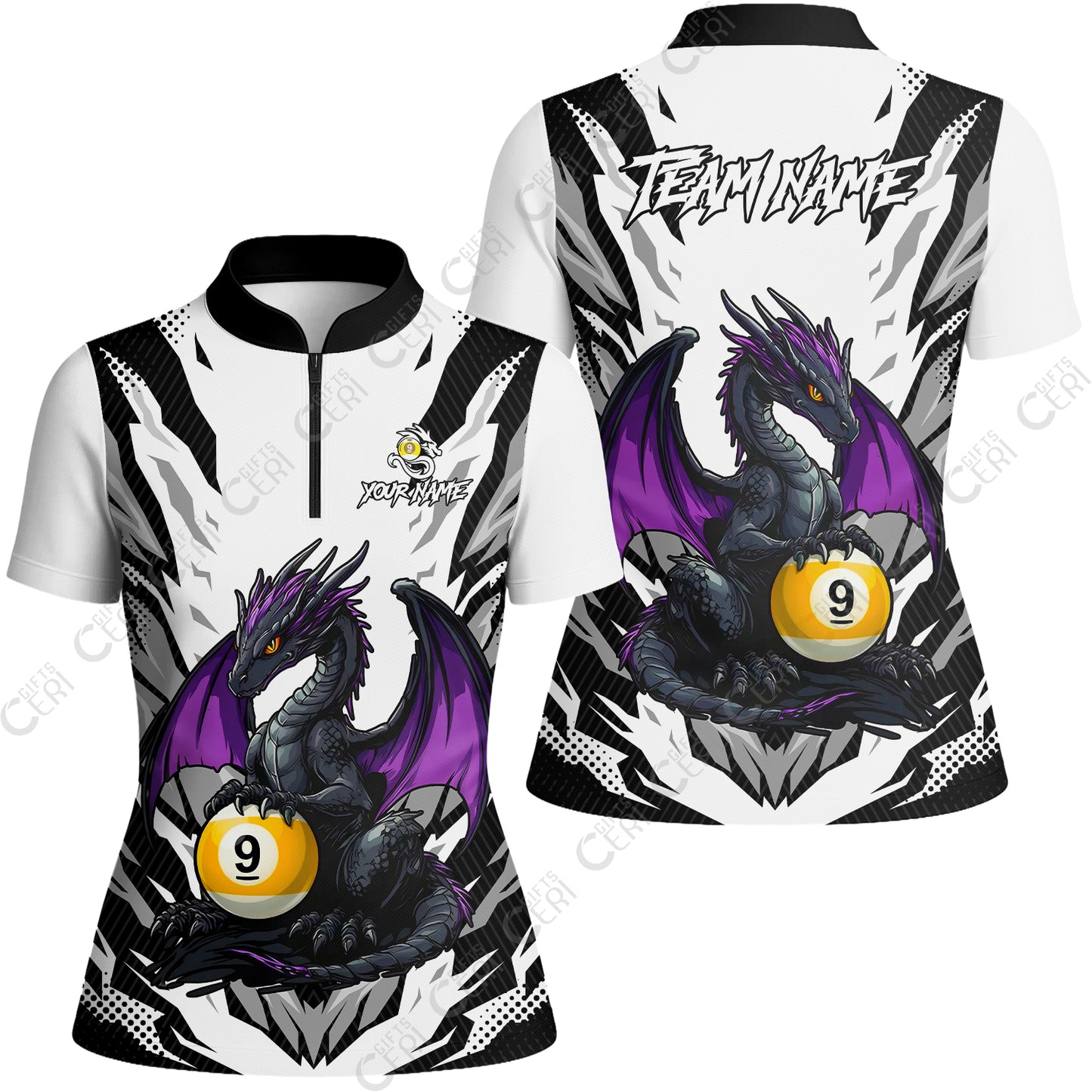 Customized Billiards Stand Collar Quarter Zip Short Sleeve Women's Shirt, Personalized Baby Dragon 9 Ball Jersey Gift For Billiard Players