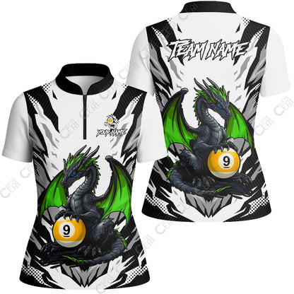 Customized Billiards Stand Collar Quarter Zip Short Sleeve Women's Shirt, Personalized Baby Dragon 9 Ball Jersey Gift For Billiard Players