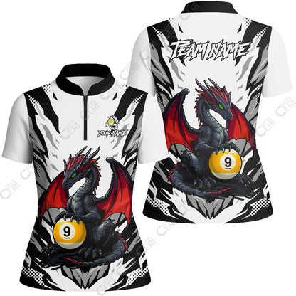 Customized Billiards Stand Collar Quarter Zip Short Sleeve Women's Shirt, Personalized Baby Dragon 9 Ball Jersey Gift For Billiard Players