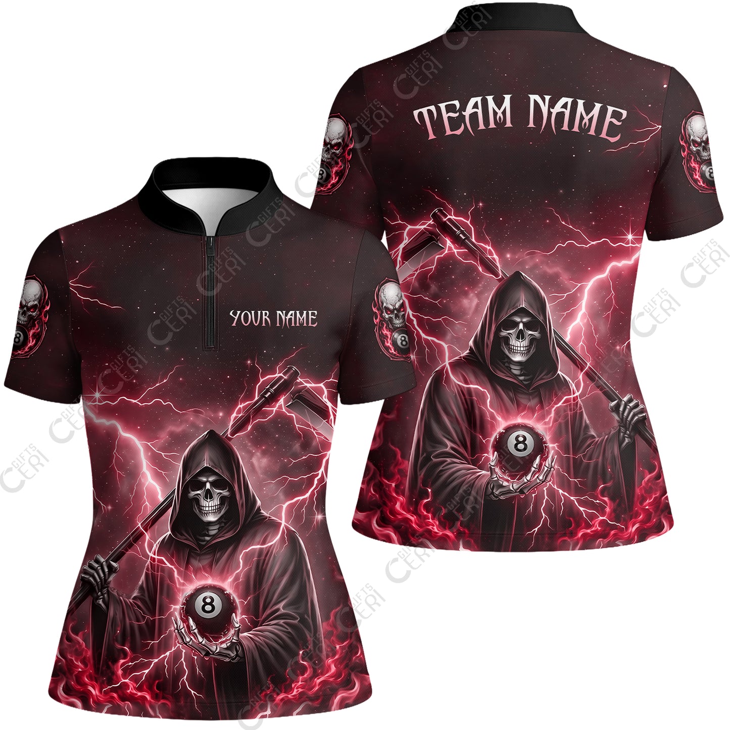 Customized 8 Ball Pool Stand Collar Quarter-Zip Short Sleeve Women's Shirt, Lightning And Flame Grim Reaper With 8 Ball, Personalized Billiards Jersey