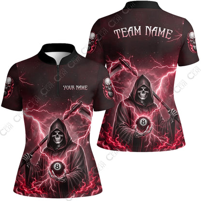 Customized 8 Ball Pool Stand Collar Quarter-Zip Short Sleeve Women's Shirt, Lightning And Flame Grim Reaper With 8 Ball, Personalized Billiards Jersey