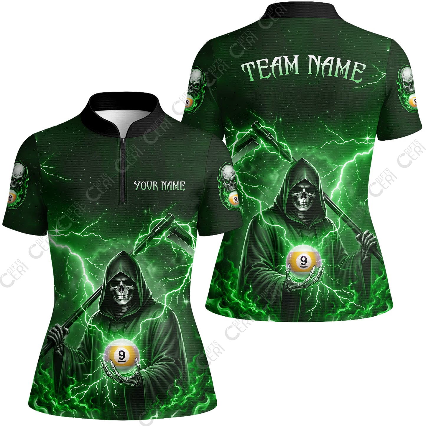 Customized 9 Ball Pool Stand Collar Quarter-Zip Short Sleeve Women's Shirt, Lightning And Flame Grim Reaper With 9 Ball, Personalized Billiards Jersey
