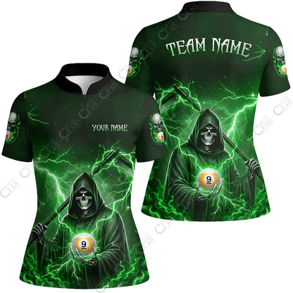 Customized 9 Ball Pool Stand Collar Quarter-Zip Short Sleeve Women's Shirt, Lightning And Flame Grim Reaper With 9 Ball, Personalized Billiards Jersey