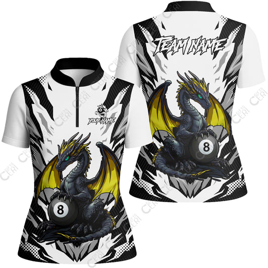 Customized Billiards Stand Collar Quarter Zip Short Sleeve Women's Shirt, Personalized Baby Dragon 8 Ball Jersey Gift For Billiard Players