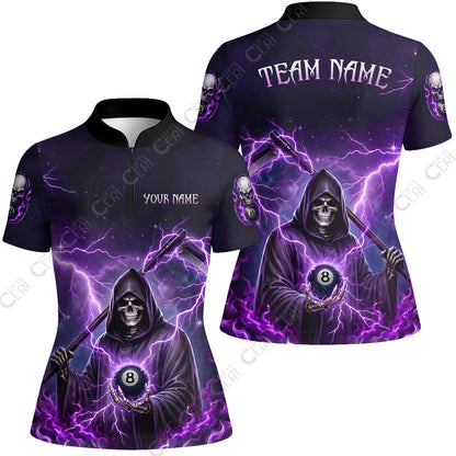 Customized 8 Ball Pool Stand Collar Quarter-Zip Short Sleeve Women's Shirt, Lightning And Flame Grim Reaper With 8 Ball, Personalized Billiards Jersey