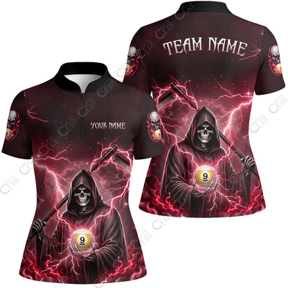Customized 9 Ball Pool Stand Collar Quarter-Zip Short Sleeve Women's Shirt, Lightning And Flame Grim Reaper With 9 Ball, Personalized Billiards Jersey