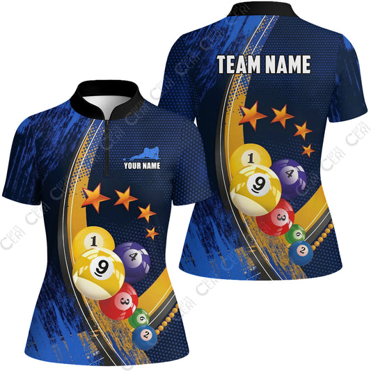 Customized 9 Ball Pool Stand Collar Quarter-Zip Short Sleeve Women's Shirt, Brush Paint Billiards 9-Ball, Personalized Billiards Jersey