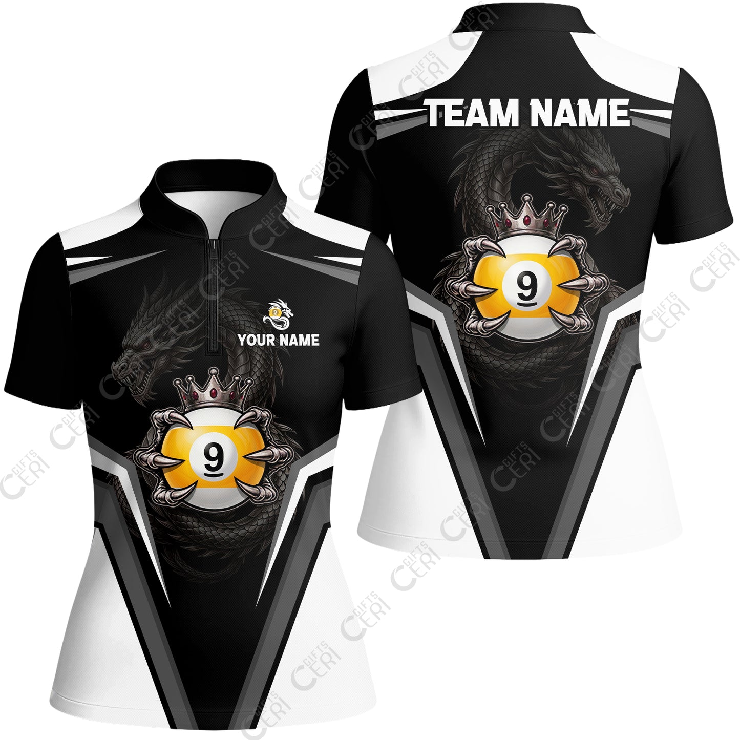 Customized 9 Ball Pool Stand Collar Quarter-Zip Short Sleeve Women's Shirt, Dragon's Holding 9-Ball, Personalized Billiards Jersey