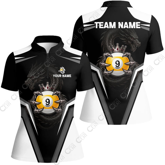 Customized 9 Ball Pool Stand Collar Quarter-Zip Short Sleeve Women's Shirt, Dragon's Holding 9-Ball, Personalized Billiards Jersey