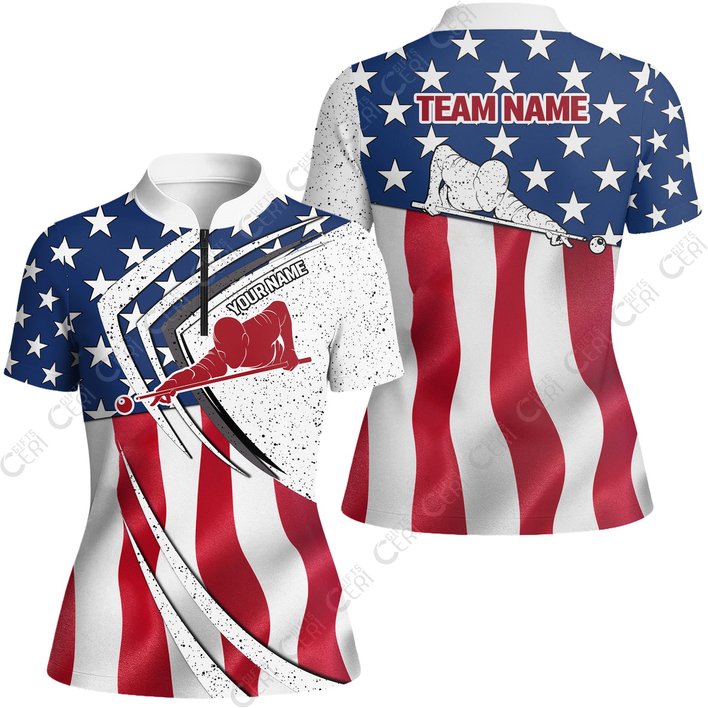 Customized Billiards Stand Collar Quarter Zip Short Sleeve Women's Shirt, Billiards Player Silhouette With American Flag, Billiards Jerseys