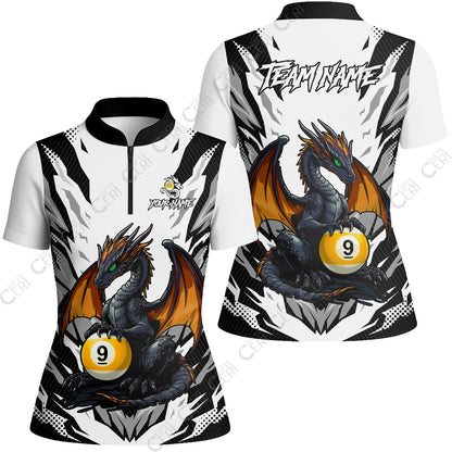 Customized Billiards Stand Collar Quarter Zip Short Sleeve Women's Shirt, Personalized Baby Dragon 9 Ball Jersey Gift For Billiard Players