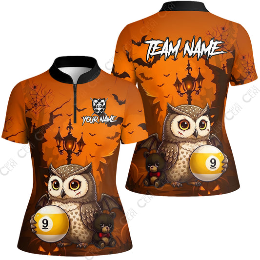 Customized 9 Ball Pool Stand Collar Quarter-Zip Short Sleeve Women's Shirt, Halloween Owl Holding 9-Ball, Personalized Billiards Jersey