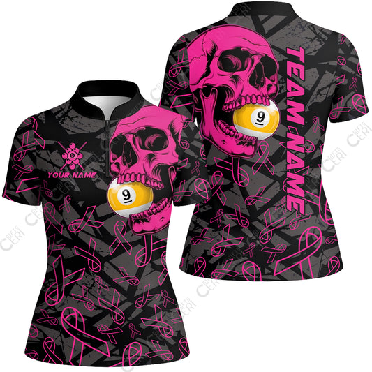 Customized 9 Ball Pool Stand Collar Quarter-Zip Short Sleeve Women's Shirt, Billiard Pink Skull 9-Ball, Personalized Billiards Jersey