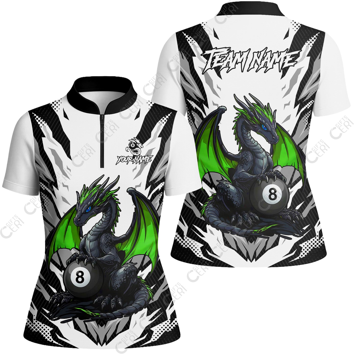 Customized Billiards Stand Collar Quarter Zip Short Sleeve Women's Shirt, Personalized Baby Dragon 8 Ball Jersey Gift For Billiard Players