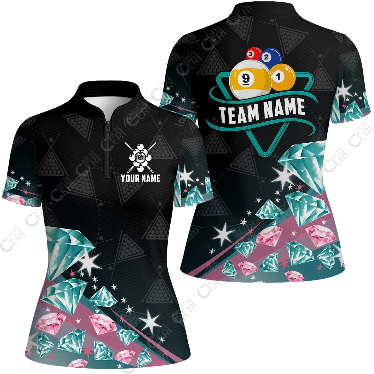 Customized 9 Ball Pool Stand Collar Quarter-Zip Short Sleeve Women's Shirt, Diamonds Billiard 9-Ball, Personalized Billiards Jersey