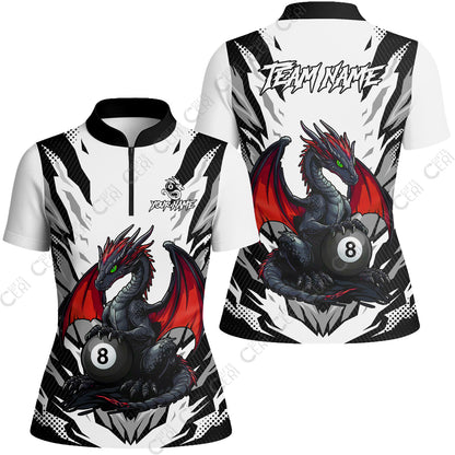 Customized Billiards Stand Collar Quarter Zip Short Sleeve Women's Shirt, Personalized Baby Dragon 8 Ball Jersey Gift For Billiard Players