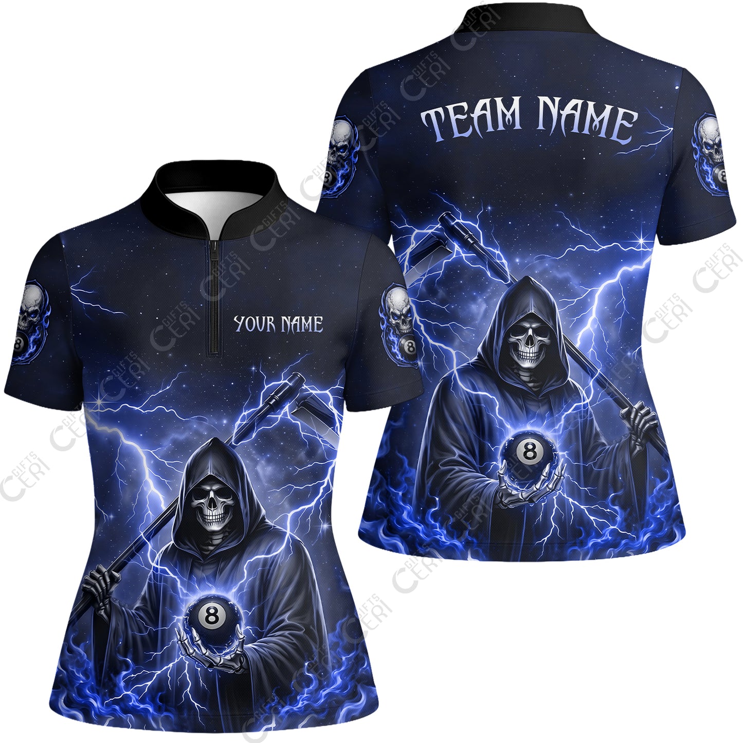 Customized 8 Ball Pool Stand Collar Quarter-Zip Short Sleeve Women's Shirt, Lightning And Flame Grim Reaper With 8 Ball, Personalized Billiards Jersey