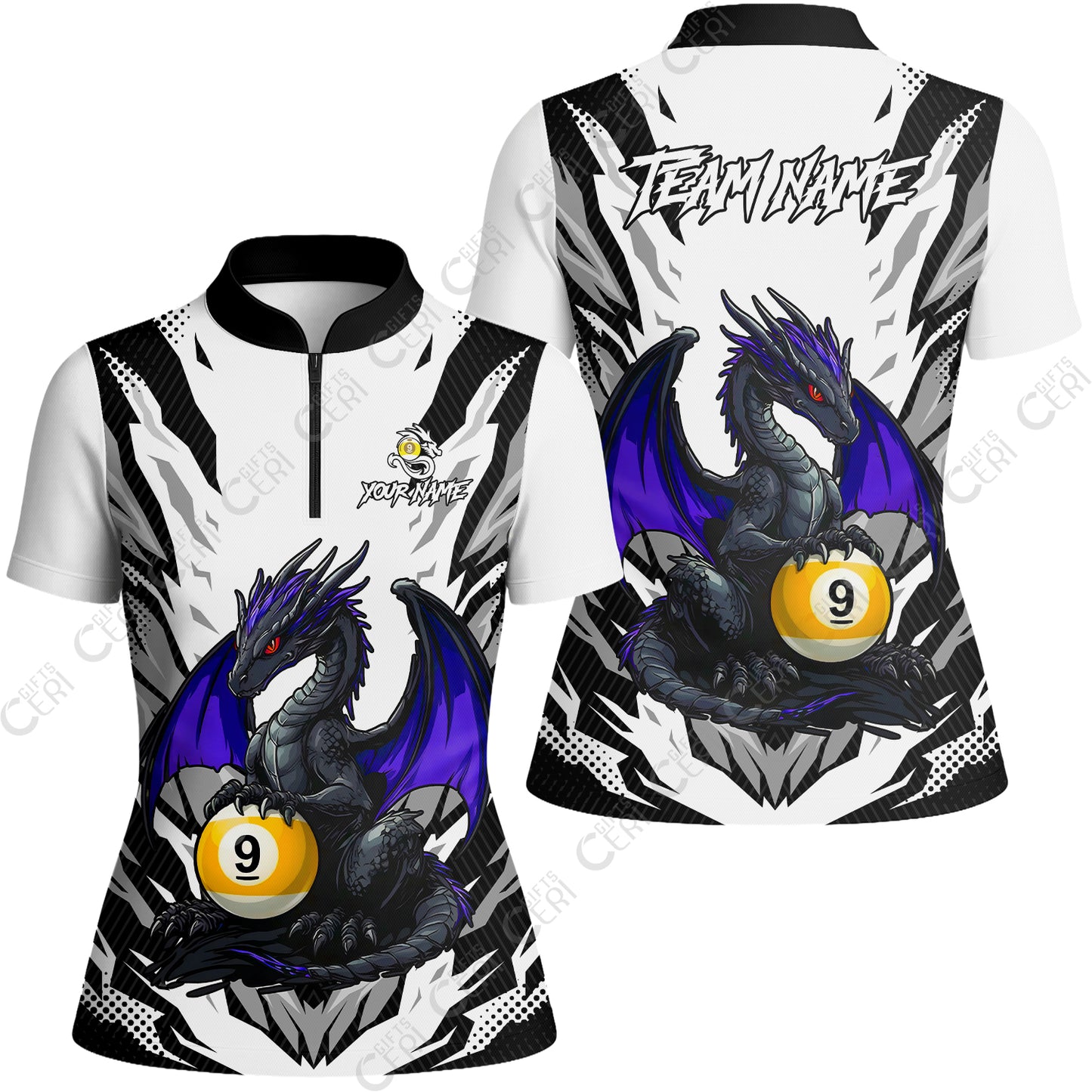 Customized Billiards Stand Collar Quarter Zip Short Sleeve Women's Shirt, Personalized Baby Dragon 9 Ball Jersey Gift For Billiard Players
