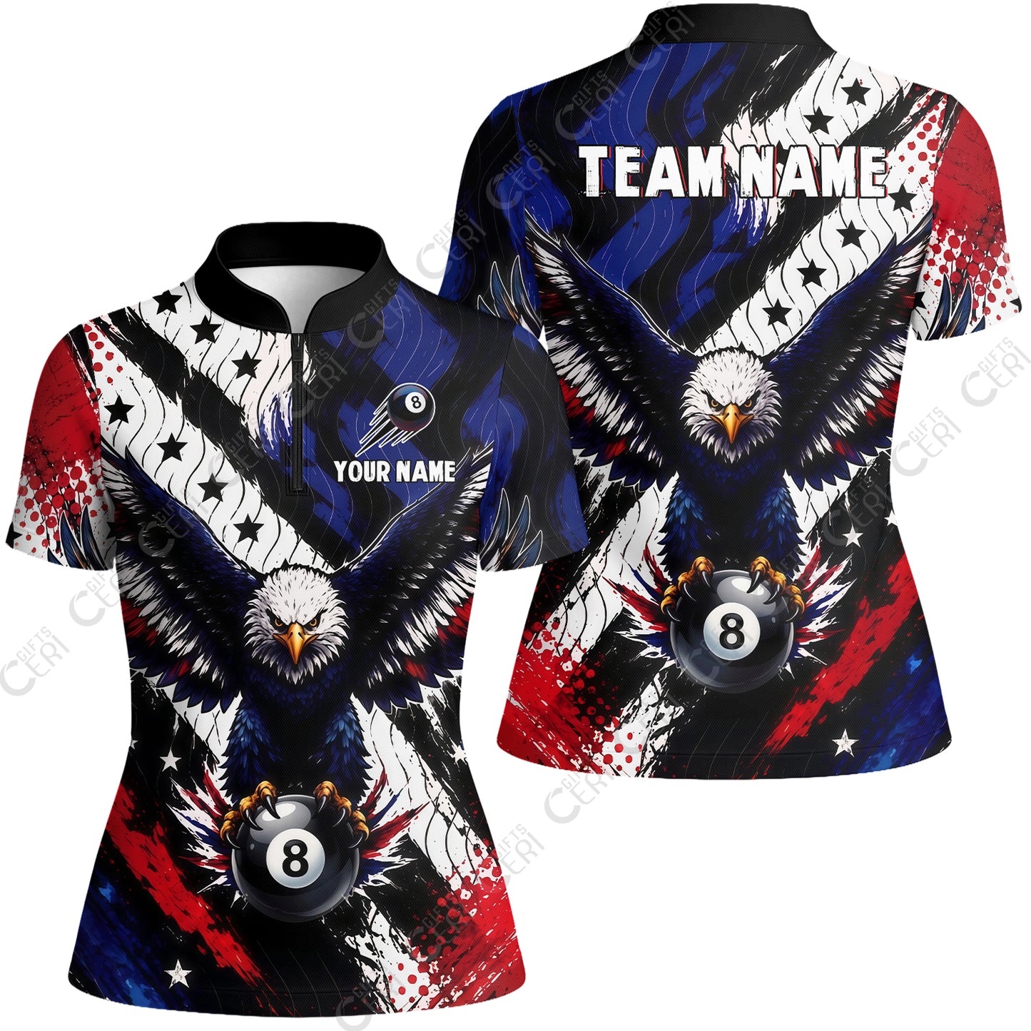 Customized 8 Ball Pool Stand Collar Quarter-Zip Short Sleeve Women's Shirt, Eagle Holding Ball American Flag 8-ball, Personalized Billiards Jersey