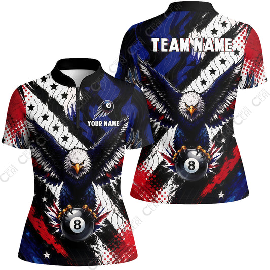 Customized 8 Ball Pool Stand Collar Quarter-Zip Short Sleeve Women's Shirt, Eagle Holding Ball American Flag 8-ball, Personalized Billiards Jersey