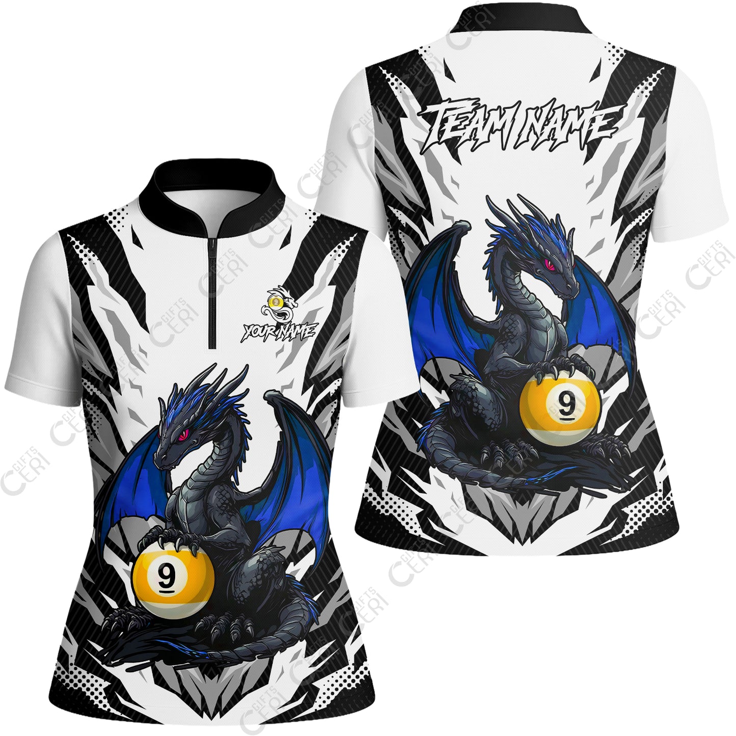 Customized Billiards Stand Collar Quarter Zip Short Sleeve Women's Shirt, Personalized Baby Dragon 9 Ball Jersey Gift For Billiard Players