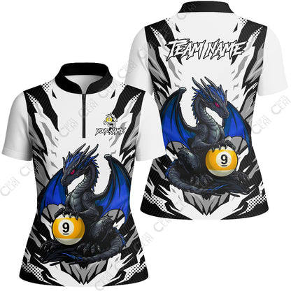 Customized Billiards Stand Collar Quarter Zip Short Sleeve Women's Shirt, Personalized Baby Dragon 9 Ball Jersey Gift For Billiard Players