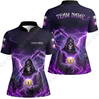 Customized 9 Ball Pool Stand Collar Quarter-Zip Short Sleeve Women's Shirt, Lightning And Flame Grim Reaper With 9 Ball, Personalized Billiards Jersey
