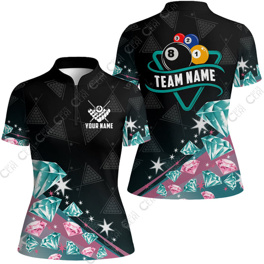 Customized 8 Ball Pool Stand Collar Quarter-Zip Short Sleeve Women's Shirt, Diamonds Billiard 8-Ball, Personalized Billiards Jersey