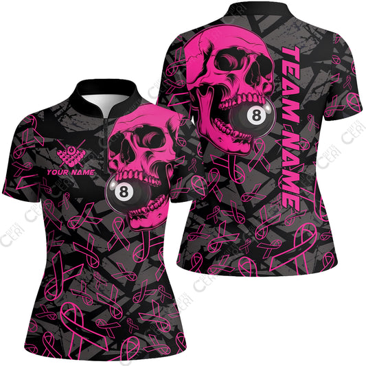 Customized 8 Ball Pool Stand Collar Quarter-Zip Short Sleeve Women's Shirt, Billiard Pink Skull, Personalized Billiards Jersey