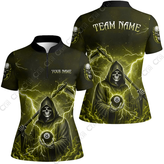 Customized 8 Ball Pool Stand Collar Quarter-Zip Short Sleeve Women's Shirt, Lightning And Flame Grim Reaper With 8 Ball, Personalized Billiards Jersey