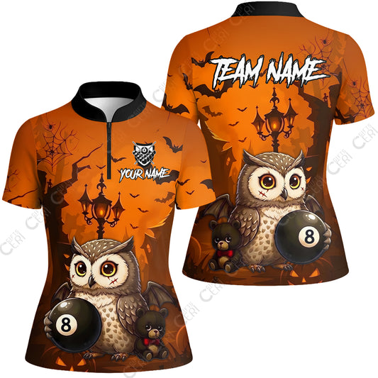 Customized 8 Ball Pool Stand Collar Quarter-Zip Short Sleeve Women's Shirt, Halloween Owl Holding 8-Ball, Personalized Billiards Jersey