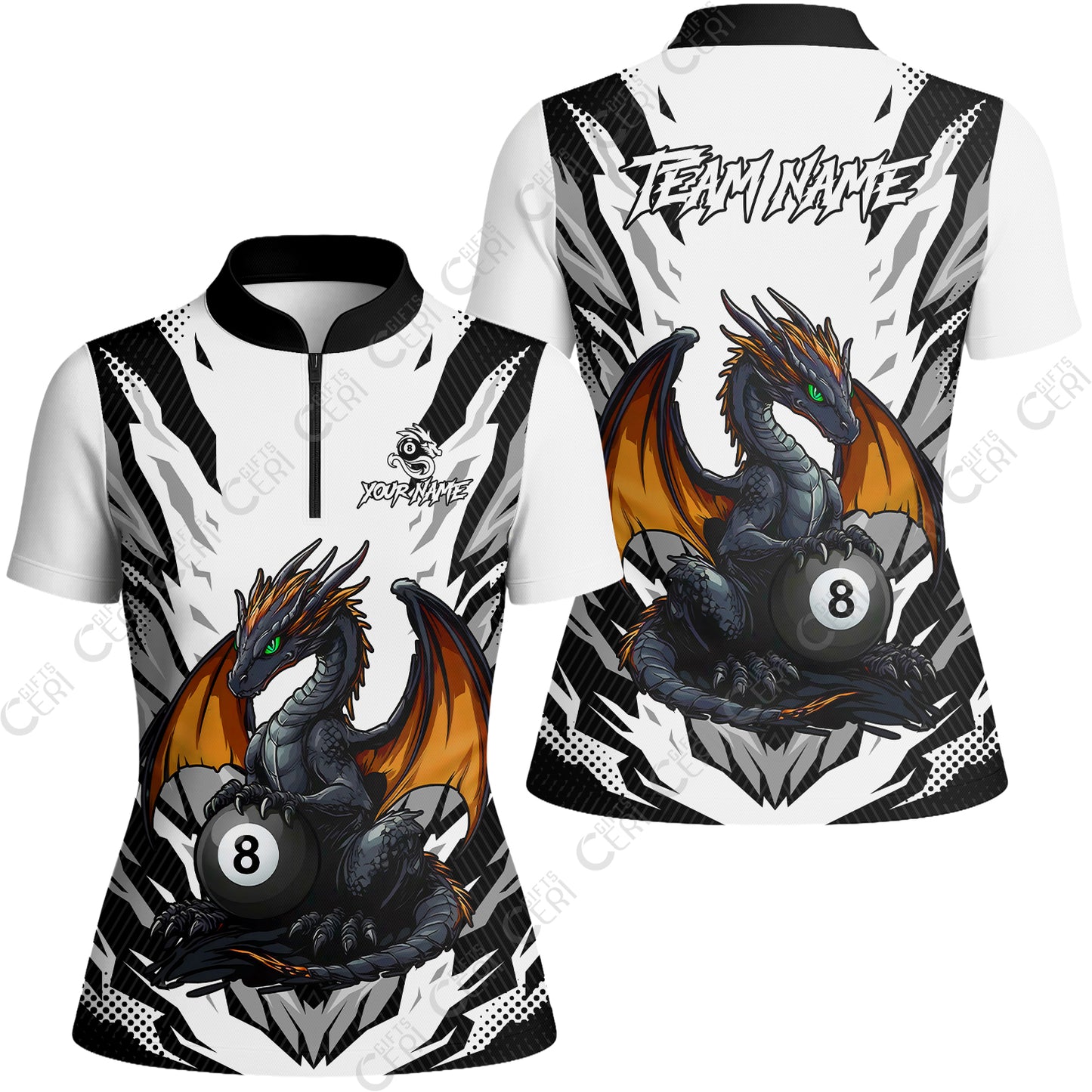 Customized Billiards Stand Collar Quarter Zip Short Sleeve Women's Shirt, Personalized Baby Dragon 8 Ball Jersey Gift For Billiard Players