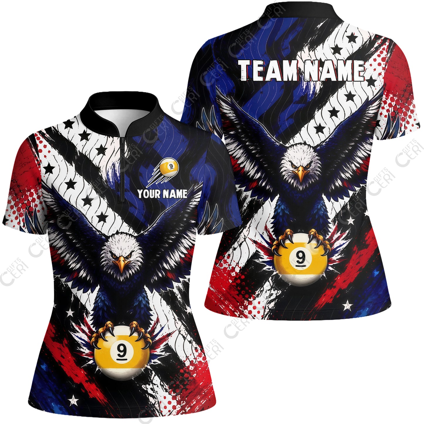 Customized 9 Ball Pool Stand Collar Quarter-Zip Short Sleeve Women's Shirt, Eagle Holding Ball American Flag 9-ball, Personalized Billiards Jersey