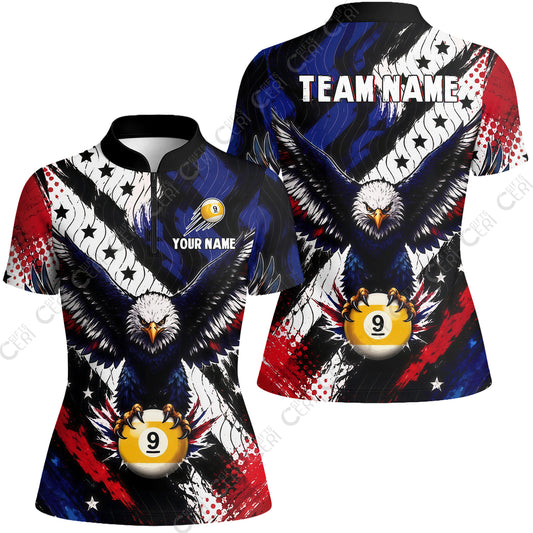 Customized 9 Ball Pool Stand Collar Quarter-Zip Short Sleeve Women's Shirt, Eagle Holding Ball American Flag 9-ball, Personalized Billiards Jersey